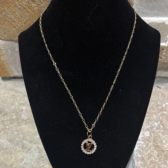 Gold LV Crystal halo Pendant Necklace - Picture 1 of 5